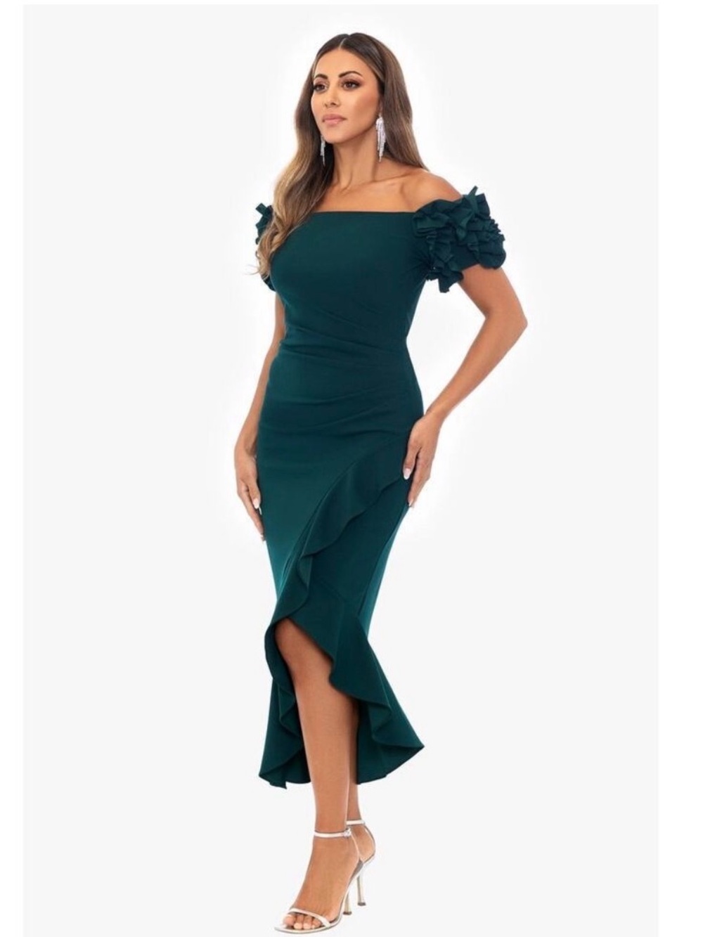 Xscape Off-Shoulder Teal Green Ruffle-Hem Asymmetrical Midi Dress